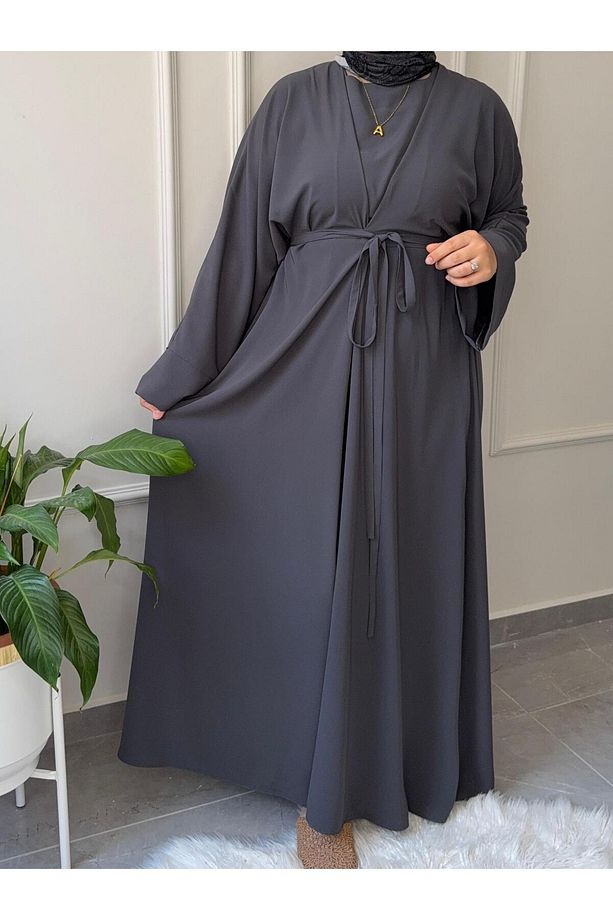 TESETTÜR ELBİSE MEDİNE İPEĞİ FADİME MODEL ABAYA KOL BÜYÜK BEDEN BEL BAĞCIKLI ELBİSE - 1