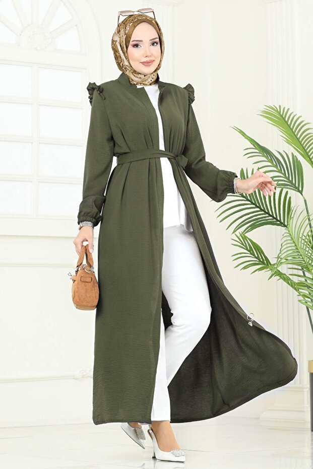 Kolları Fırfırlı Aerobin Pardesü Ferace PL9151-MS Haki - 1