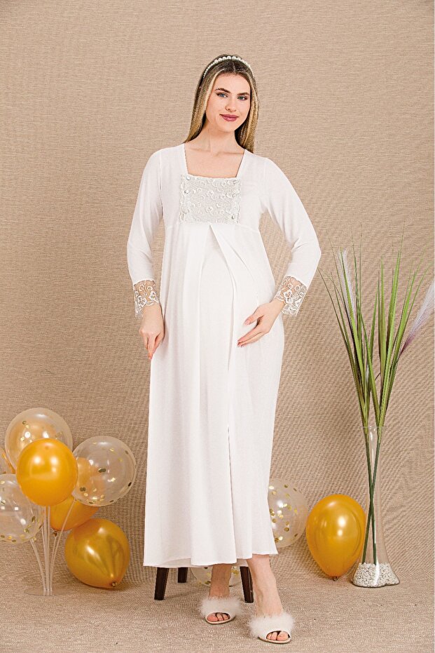 Long Sleeve, Lace, Button Collar Maternity-Nightdress