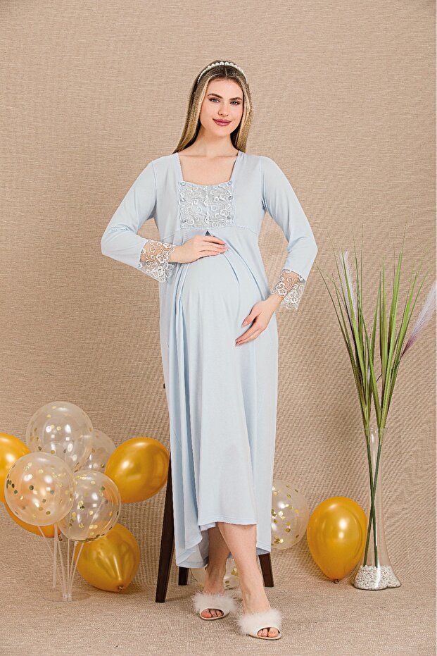 Long Sleeve, Lace, Button Collar Maternity-Nightdress