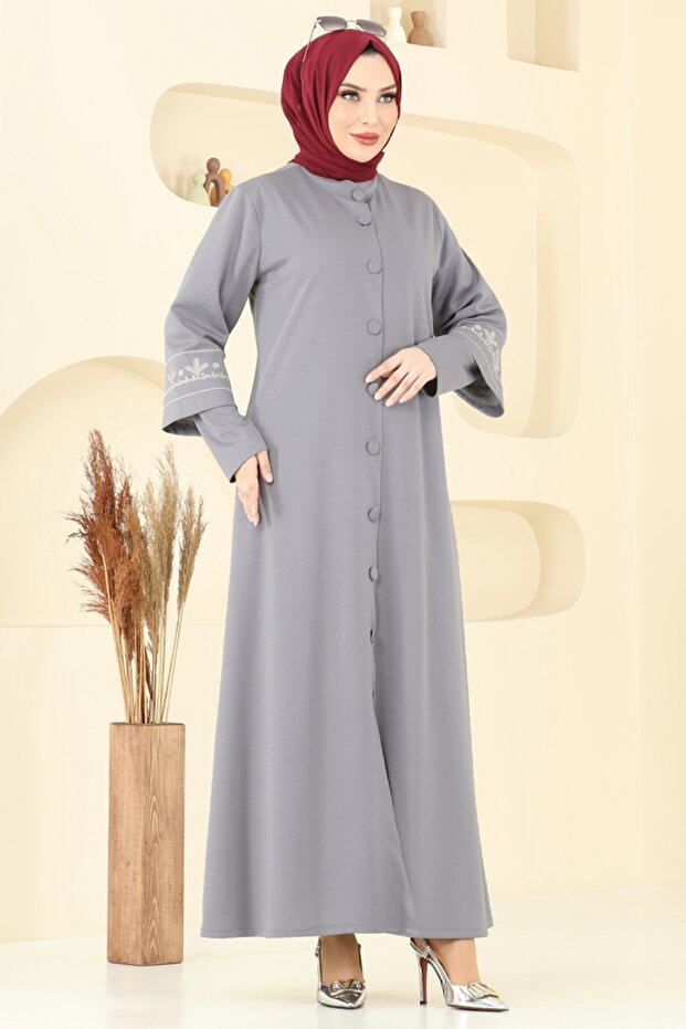 Nakış İşlemeli Pardesü Ferace 23007UKB139-MS Gri - 3