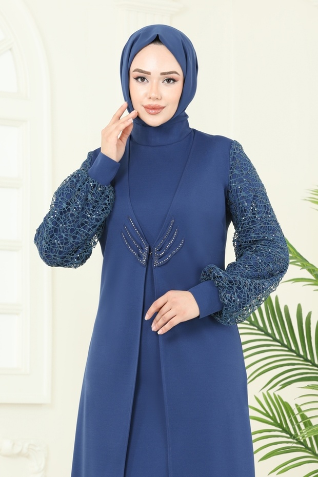 Kolları Fileli Abiye Elbise ASM2811-MS İndigo - 4