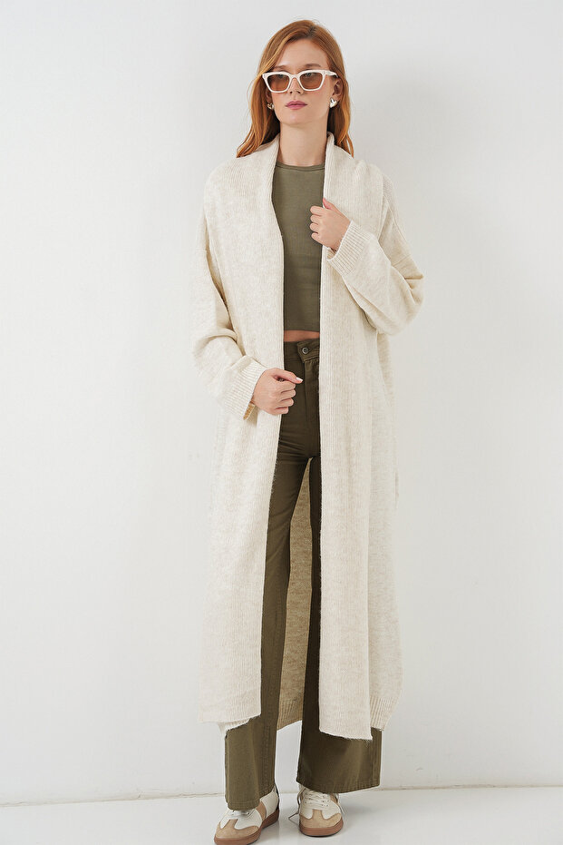 Kadın Uzun Oversize Triko Hırka 15924 - Ekru - 3