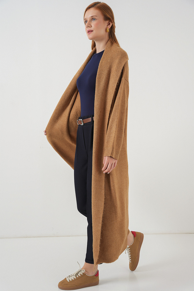 Kadın Uzun Oversize Triko Hırka 15924 - Hardal - 3