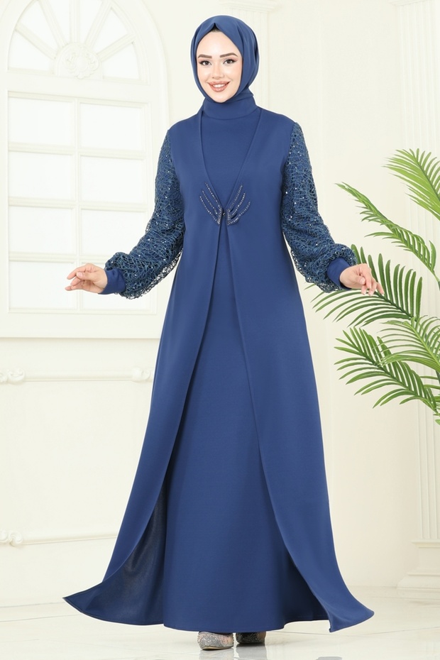 Kolları Fileli Abiye Elbise ASM2811-MS İndigo - 3