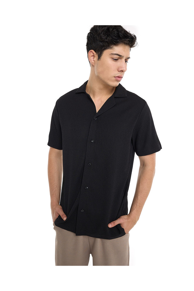 Textured Shirt with Revere Collar and Short Sleeves