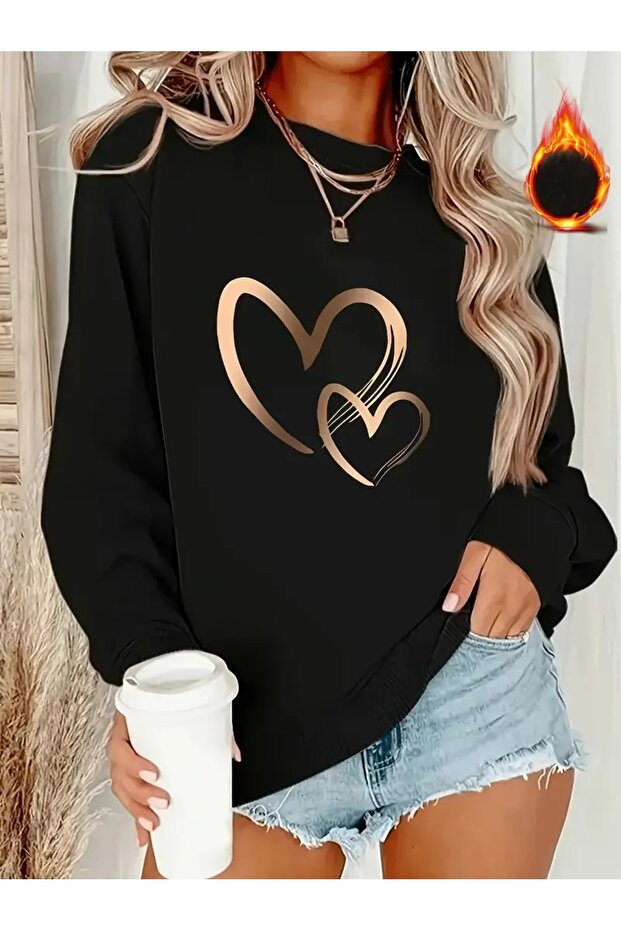 Women's Design Heart Printed Crew Neck Black Sweatshirt Oversize Casual