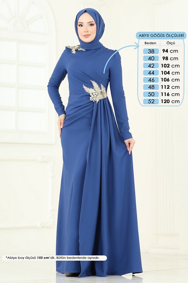 Nakış Detay Abiye Elbise ASM2810-MS İndigo - 2