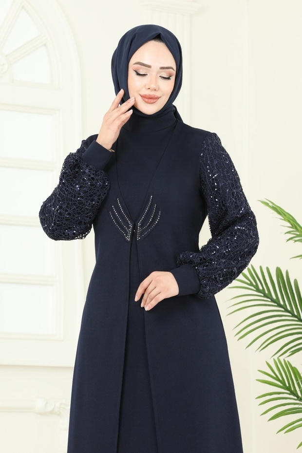 Kolları Fileli Abiye Elbise ASM2811-MS Laci - 4
