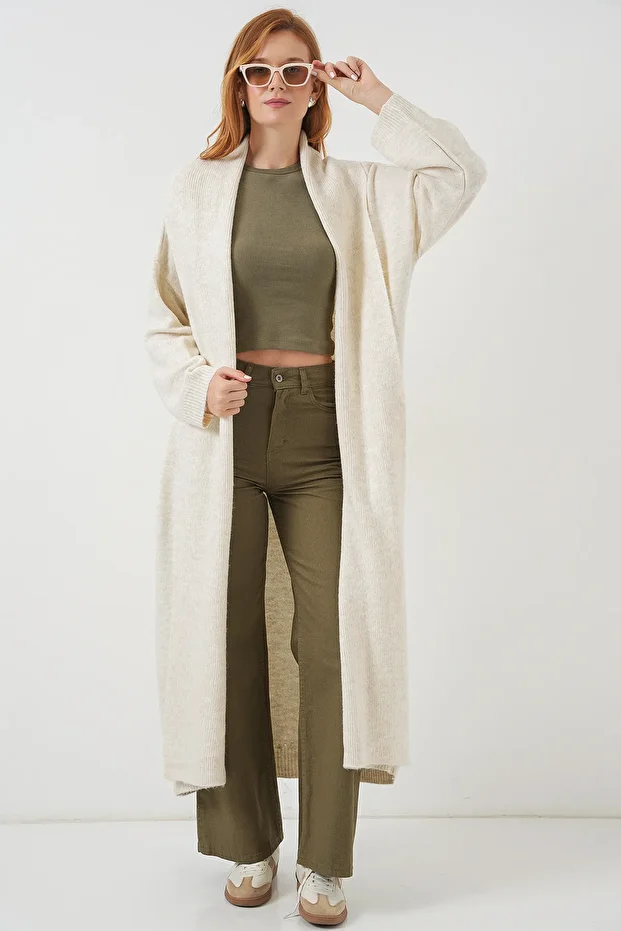 Kadın Uzun Oversize Triko Hırka 15924 - Ekru - 1