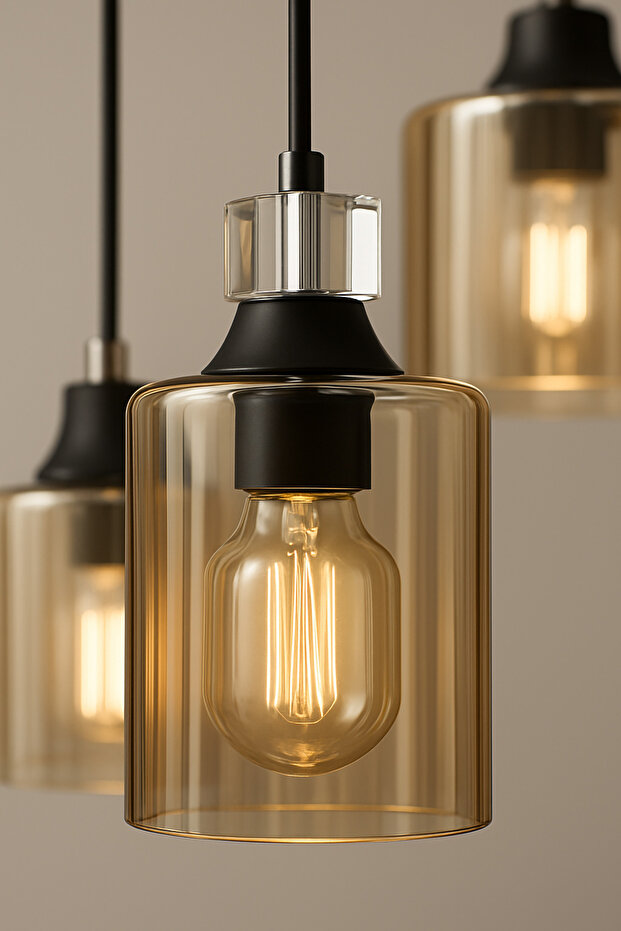 Füme 3 Lü Yuvarlak Siyah Küp Modern Sarkıt Mutfak Oturma Odası Salon Sarkıt Avize - 2