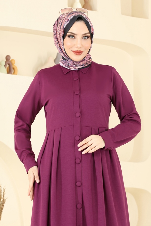 Önden Düğmeli Elbise Ferace 23008UKB139-MS Mürdüm - 4