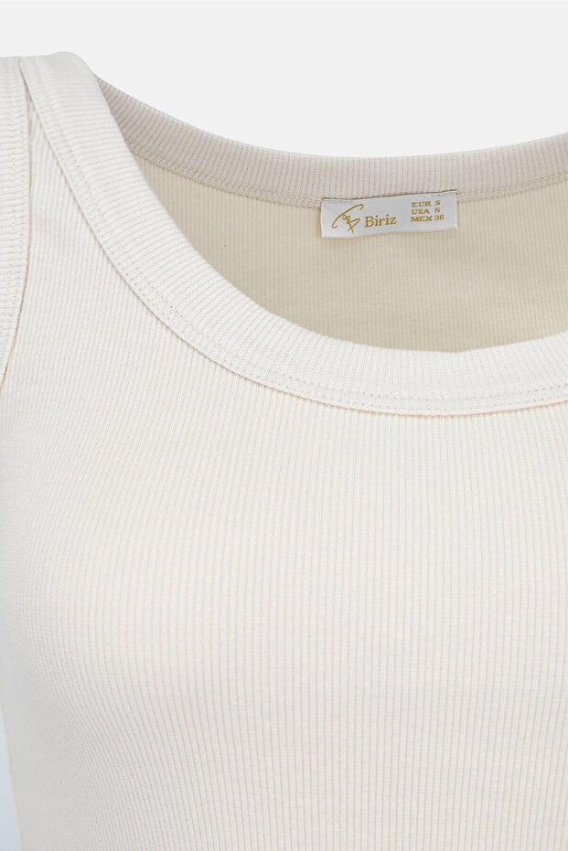 Kadın Geniş Askılı Fitilli Pamuklu Basic Atlet - Bej - 2