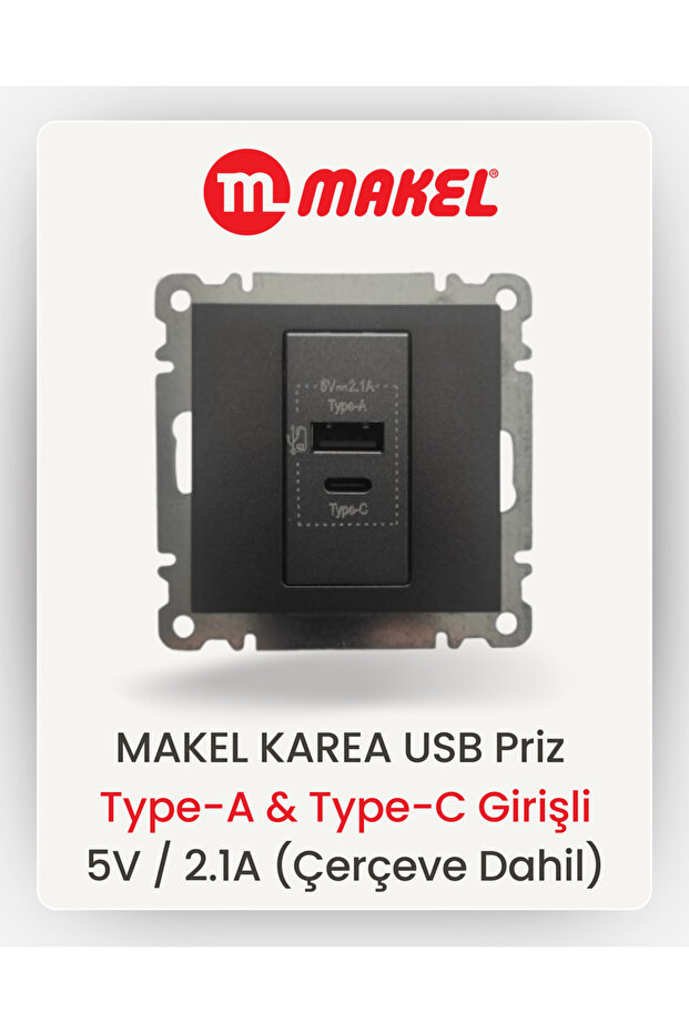 USB Priz | Type-A & Type-C Girişli | 5V / 2.1A (Füme) - 2