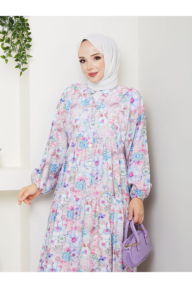 KADIN YAZLIK TREND DESEN MANGO KUMAŞ DÜĞMELİ ELBİSE - 4