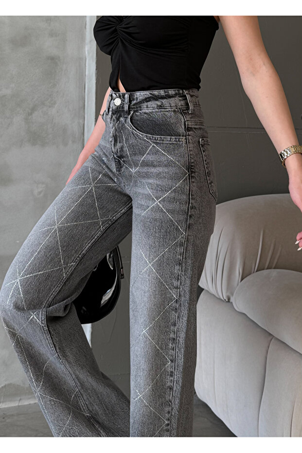 Women's Smoked Shiny Stone Special Design Denim Straight Palazzo Jeans