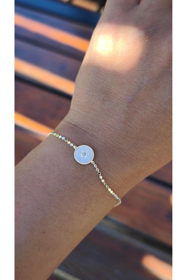 Gold Sequin Chain Mother of Pearl Ring Detailed Bracelet