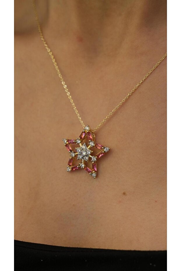 Gold Pink Crystal Stone Star Necklace