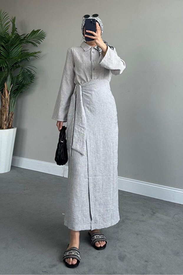Gray Tie Detail Skirt Suit - 98662