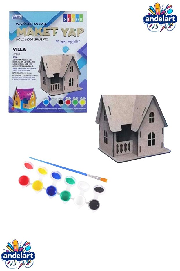 andelart Ahşap Boyama Maketi Villa Modeli, Akrilik Boya ve Fırçası ile Beraber