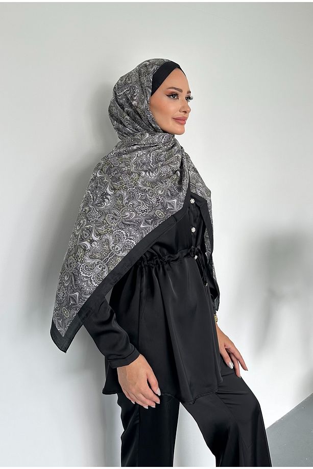 Etnik Retro Desen Siyah Renk Pamuk Soft Şal - 5