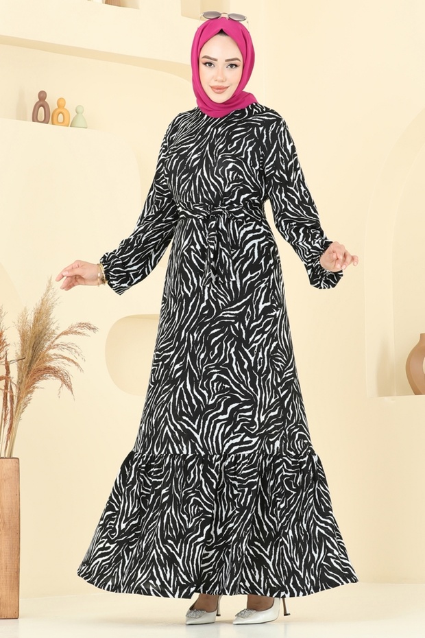 Zincir Desenli Helen Elbise 4086PM271-MS Desen1 Zebra&Siyah - 3