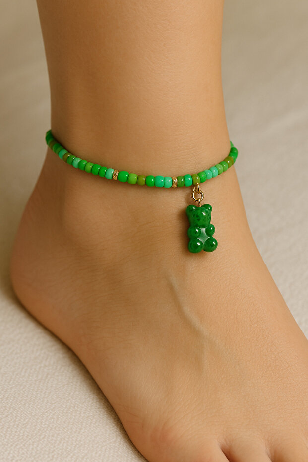 Elegant Anklet with Green Teddy Bear and Shades of Green