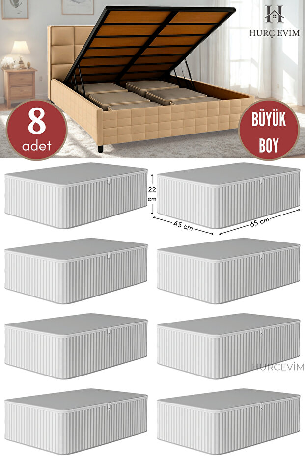 HURCEVİM 8 Adet - Antrasit Çizgili Büyük Boy Hurç Seti - Baza Altı Ve Çekyat Tipi Organizer - 65 x 45 x 22 Cm