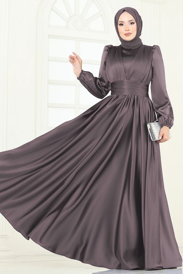 Önü Drapeli Saten Abiye 2382ANT466-MS Koyu Vizyon - 2