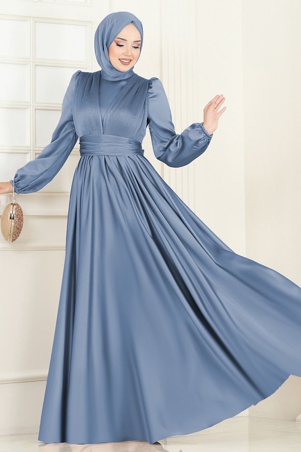 Önü Drapeli Saten Abiye 2382ANT466-MS Mavi - 2