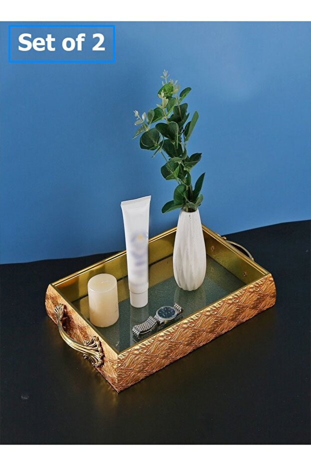 2-Piece Rectangular Decorative Trays with Handle - 1