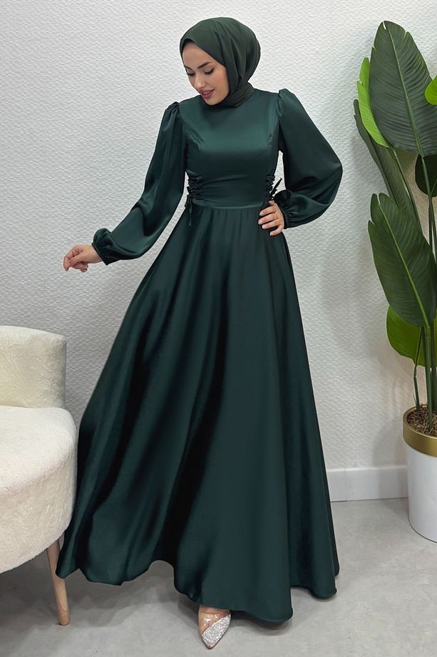 Beli Bağcıklı Saten Abiye 4637ALG474-MS Zümrüt - 1