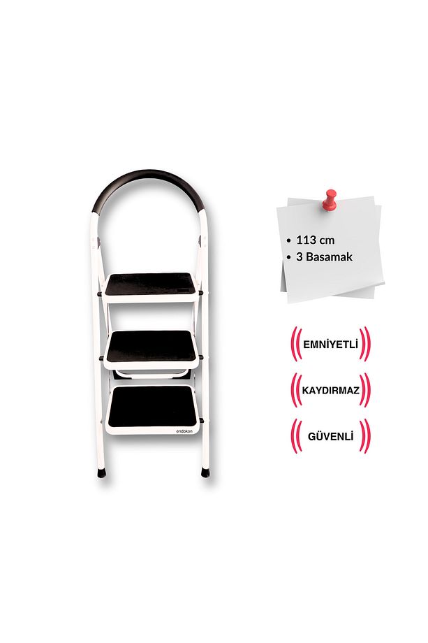 Paslanmaz Çelik 3 Basamaklı Geniş Basamak Ev - Ofis Tipi Merdiven - Tutacaklı - 2