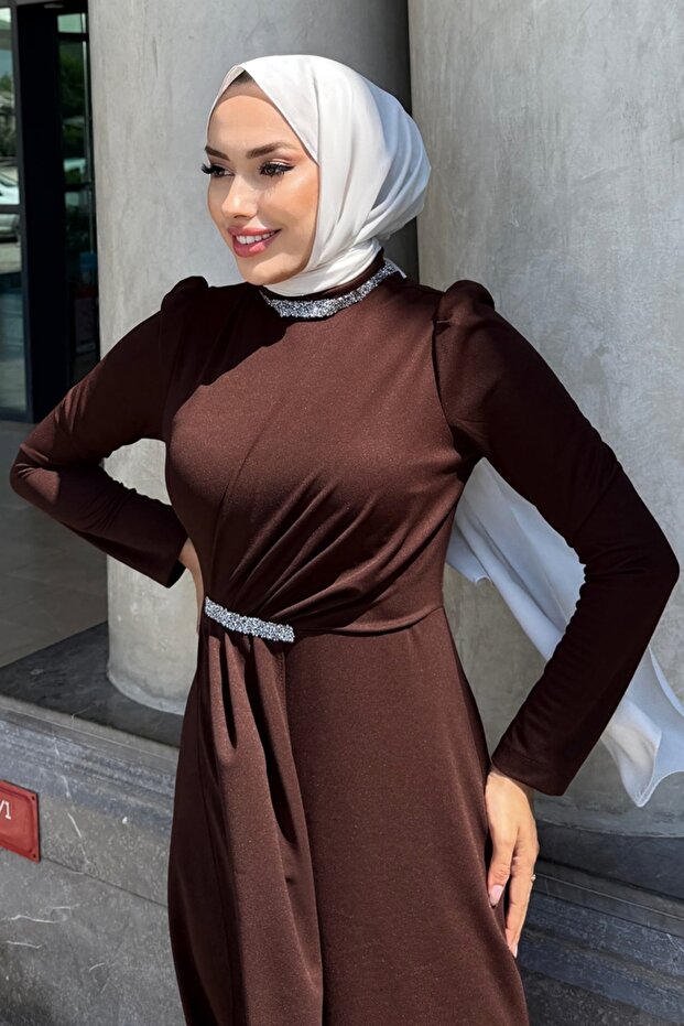 Taş Detaylı Krep Abiye 4645ALG474-MS Kahve - 3