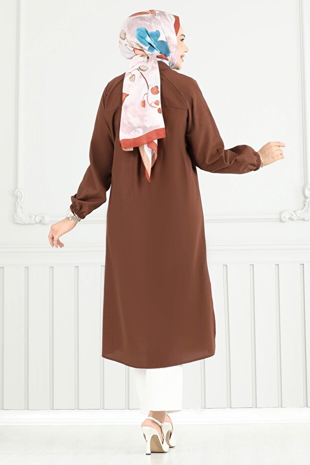 Nakış İşlemeli Tesettür Tunik 4095PM271-MS Kahve - 4
