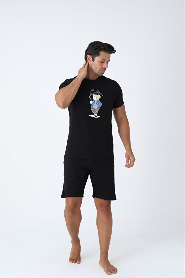 Siyah Pamuklu Örme Erkek Şortlu Pijama Takımı - 3