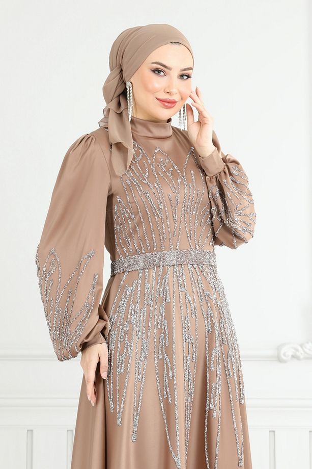 Taş Detay Saten Abiye 5675EDF311-MS Açık Kahve - 5