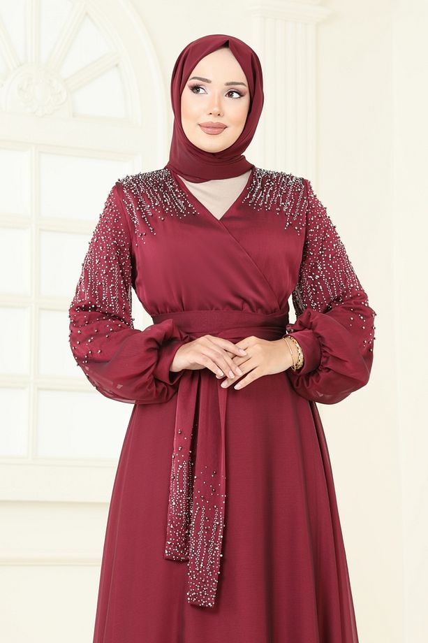 Taş İşlemeli Abiye 5693EDF311-MS Bordo - 4