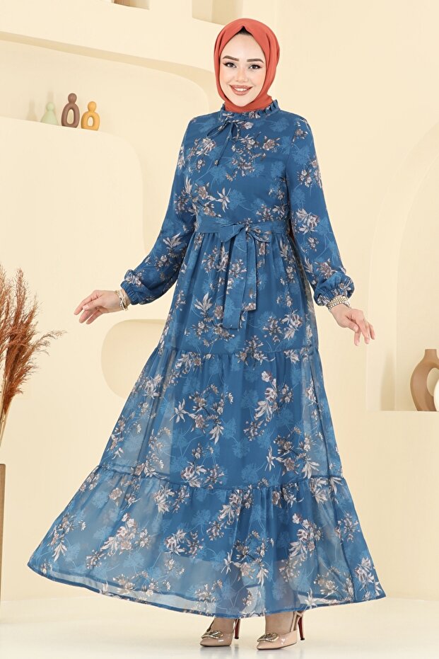Yaprak Desen Şifon Elbise 5205AL357-MS İndigo - 2
