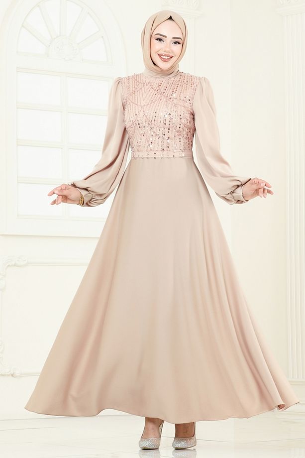 Boncuk İşlemeli Saten Abiye 5691EDF311-MS Açık Vizyon - 3