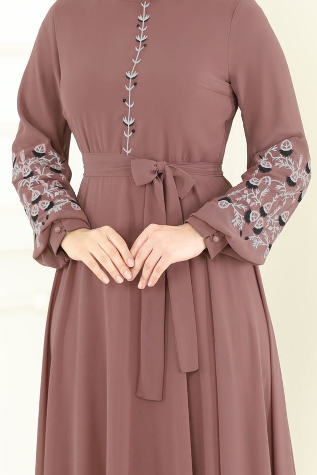 Nakış İşlemeli Şifon Elbise 8022AB368-MS Pudra Vizyon - 6