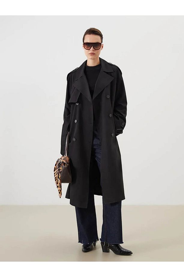 LCW Modest Siyah Kruvaze Yaka Oversize Kadın Trençkot - 2