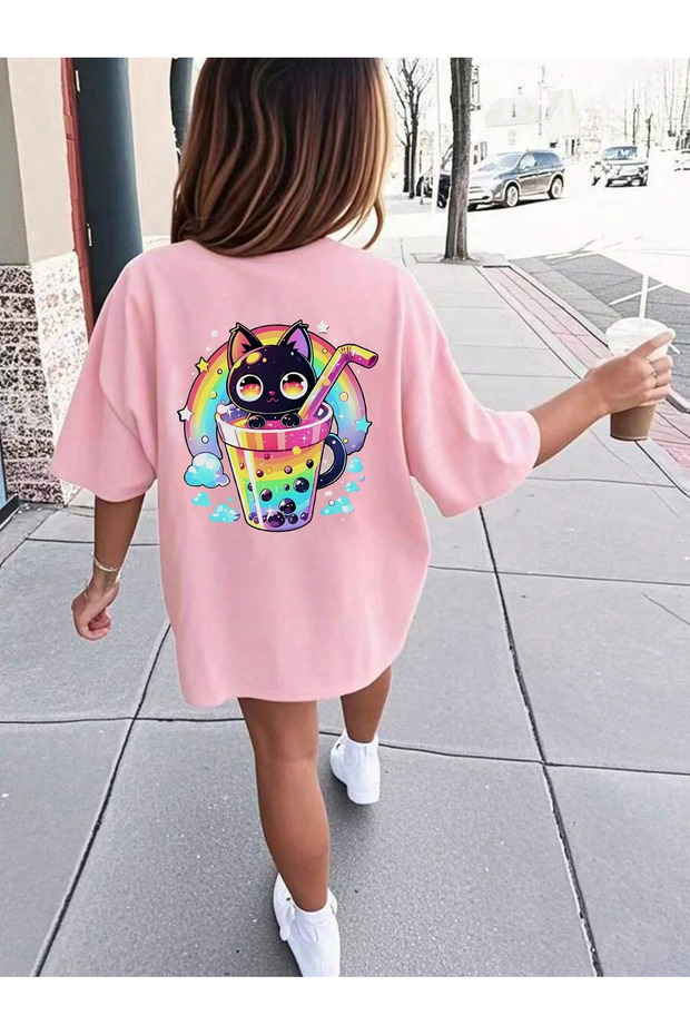 Cat Rainbow Digital Printed 100% Cotton Oversize Girl's Fancy Tshirt T-Shirt