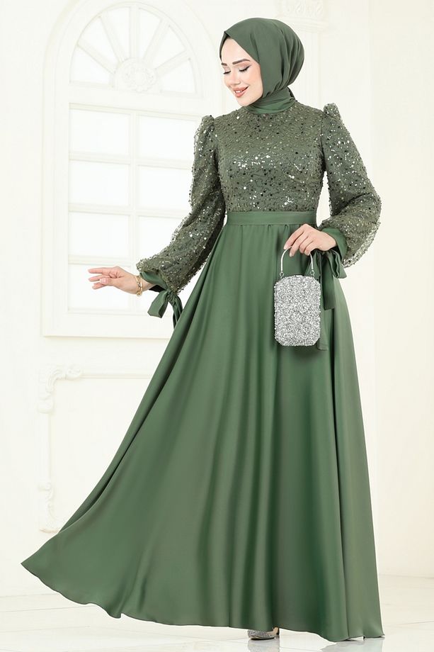 Pul İşlemeli Saten Abiye 5670EDF311-MS Haki - 1