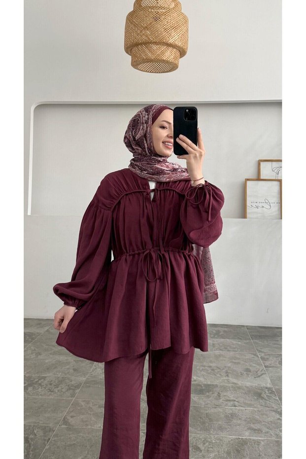 Women's Gathered Detailed Belted Trousers Suit Burgundy
