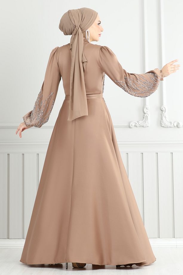 Taş Detay Saten Abiye 5675EDF311-MS Açık Kahve - 7