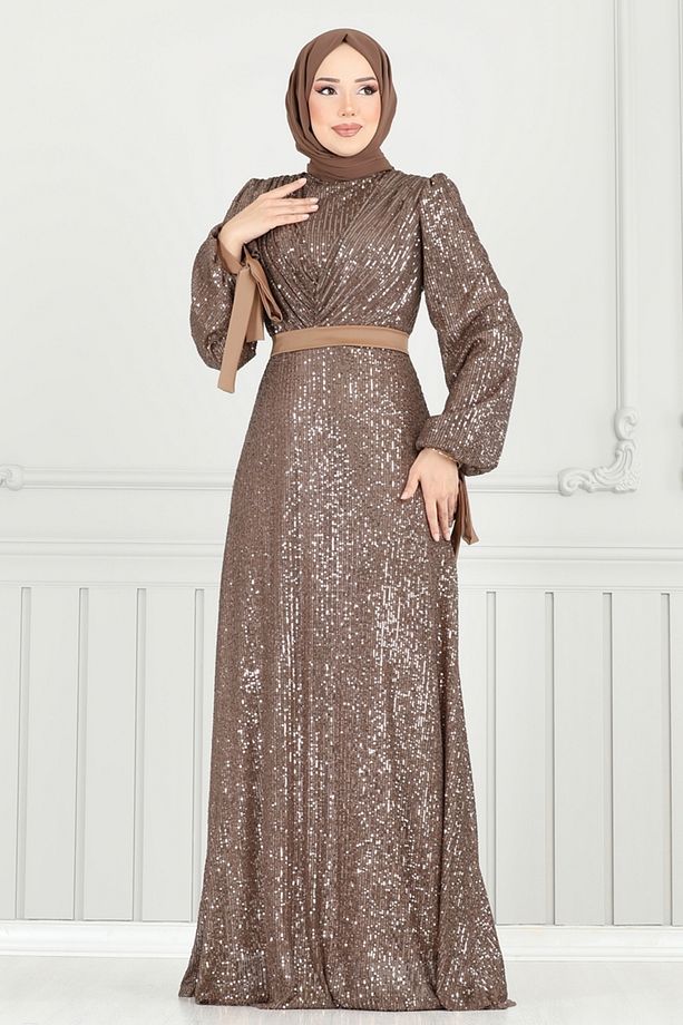 Göğsü Drapeli Tesettür Abiye 5690EDF311-MS Koyu Vizyon - 3