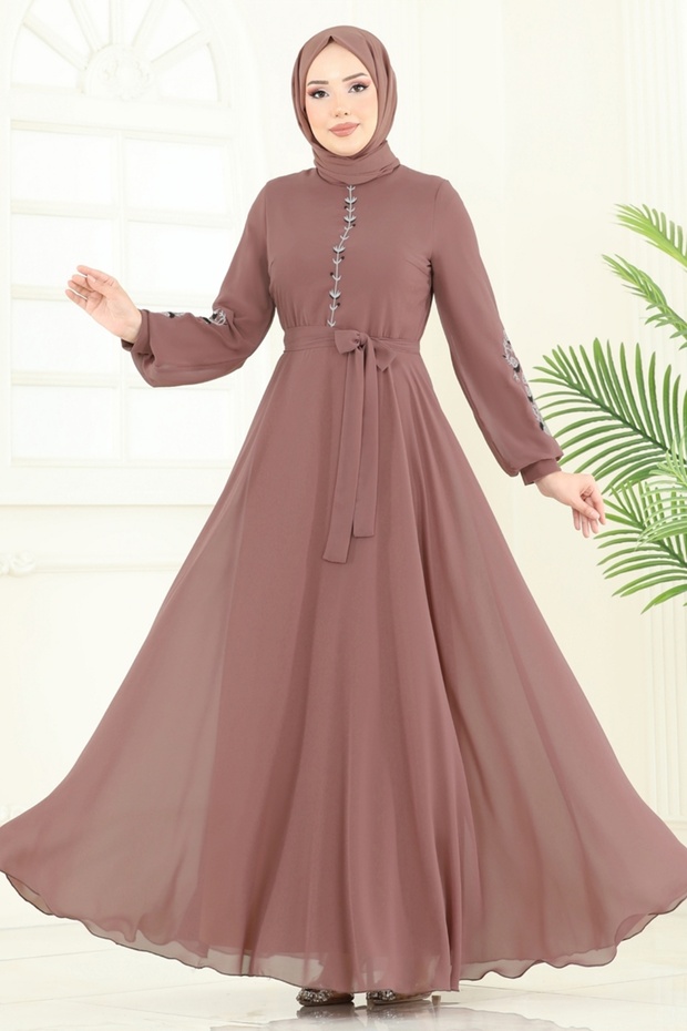 Nakış İşlemeli Şifon Elbise 8022AB368-MS Pudra Vizyon - 4
