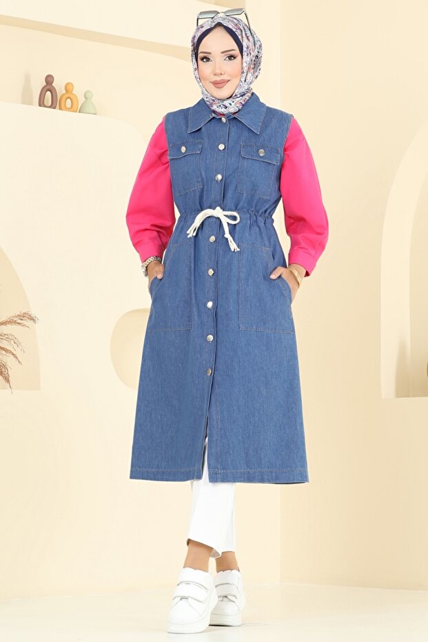 Beli Bağcıklı Kot Yelek 9156PLK541-MS Açık Kot - 2