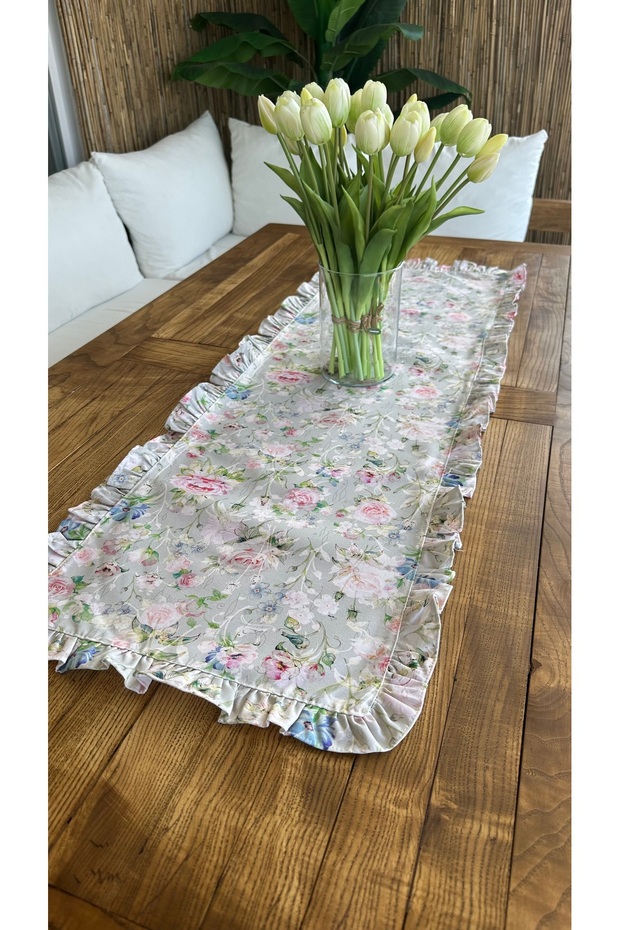 Tam Fırfırlı Gül Desenli Bej Runner - 2